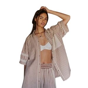 Free People Intimately Clear Skies Lounge Shirt Neutral Stripe Oversized M NWT